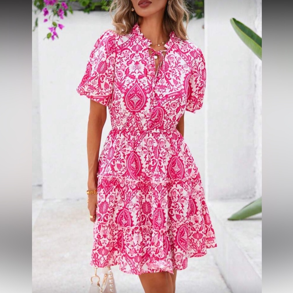 Pink and white floral print dress